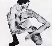 Egon Schiele, Squatting male nude with stockings